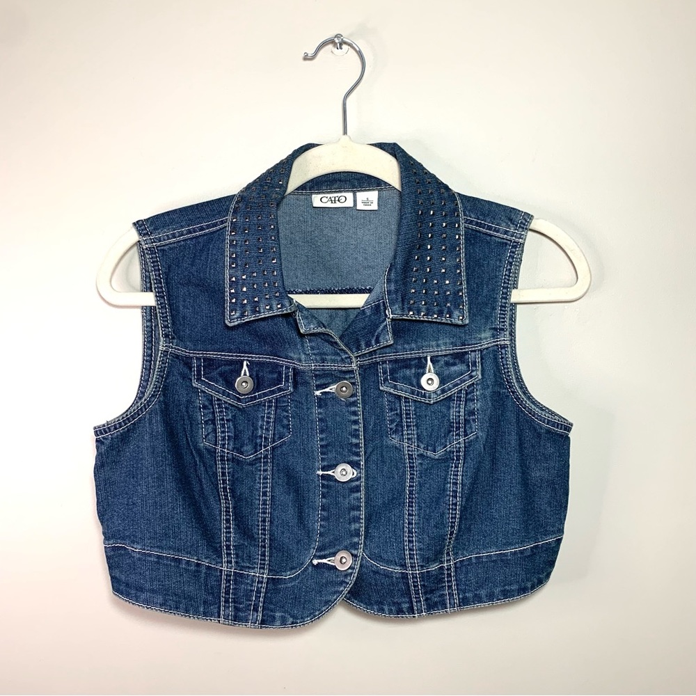 Studded Collar Cropped Denim Vest Jacket Sleeveless Festival Y2K Small Rock Chic